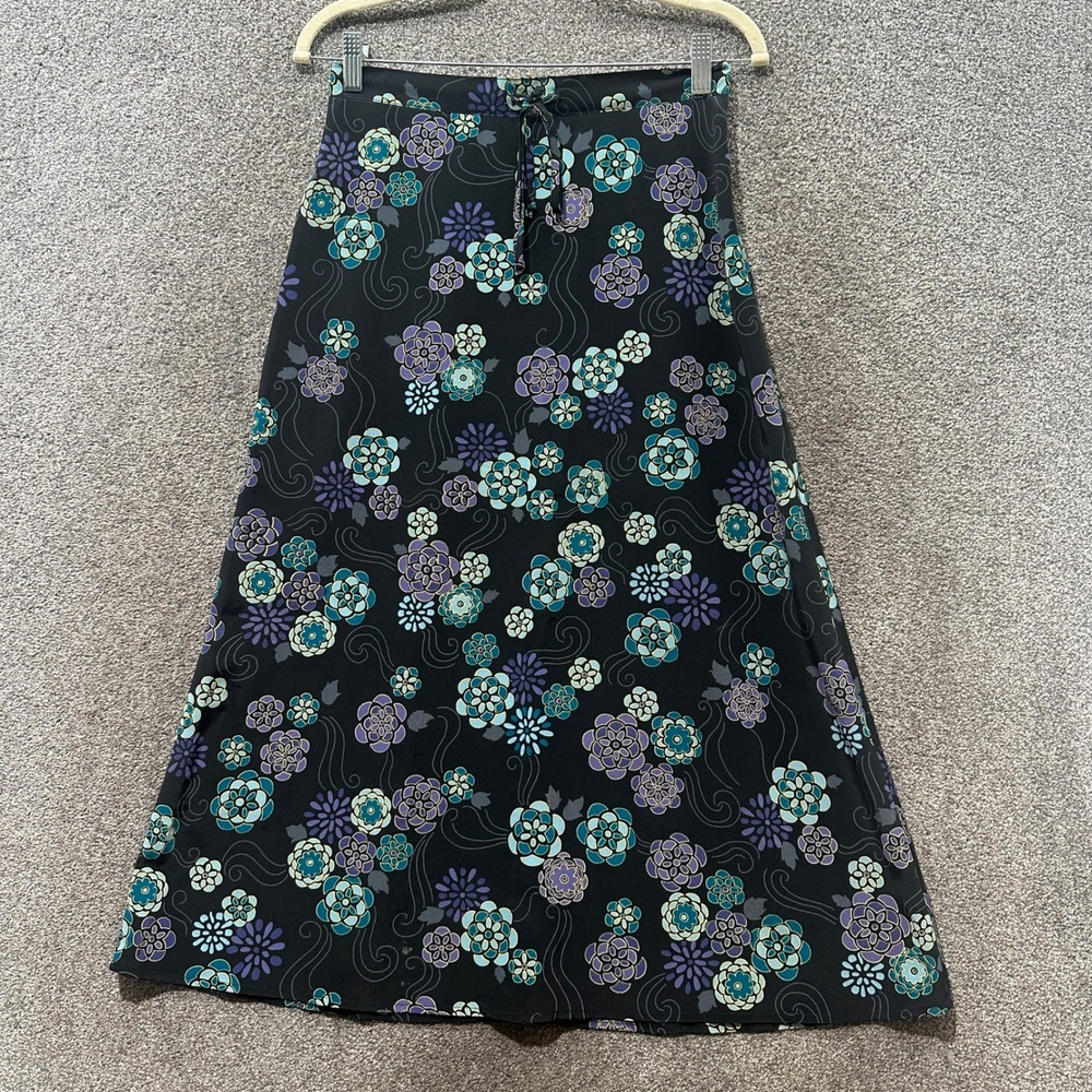 Sag Harbor Petite Small Black Floral Maxi Skirt Vintage Y2K A-Line Elastic Waist